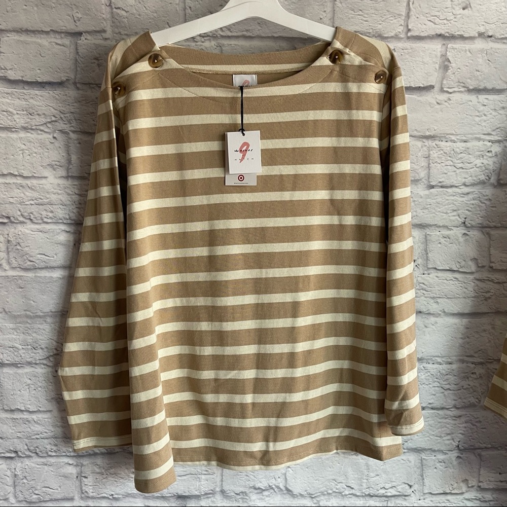 NEW EITHBTAGS THE NINES BY HATCH MATERNITY SHIRT TAN WHITE STRIPE BUTTON XXL